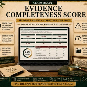 May include: A laptop displaying a Claim-Ready dashboard with an evidence completeness score of 69 percent. The screen shows inventory data, replacement estimates, and documentation tracking. Surrounding the laptop are a notebook, a magnifying glass, and books labeled Home Inventory Records and Proof and Documentation.