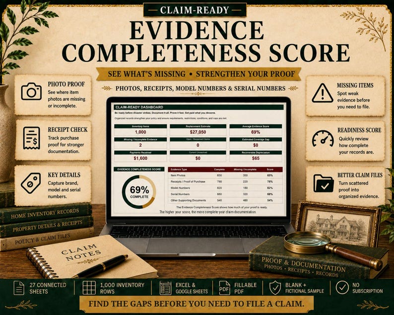 May include: A laptop displaying a Claim-Ready dashboard with an evidence completeness score of 69 percent. The screen shows inventory data, replacement estimates, and documentation tracking. Surrounding the laptop are a notebook, a magnifying glass, and books labeled Home Inventory Records and Proof and Documentation.