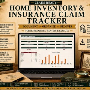 May include: A digital home inventory and insurance claim tracker displayed on a laptop screen. The dashboard features data tables and a bar chart. Surrounding text highlights features like room-by-room tracking, photo storage, and policy logs.