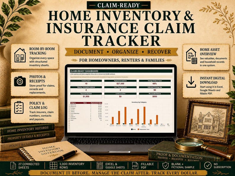 May include: A digital home inventory and insurance claim tracker displayed on a laptop screen. The dashboard features data tables and a bar chart. Surrounding text highlights features like room-by-room tracking, photo storage, and policy logs.
