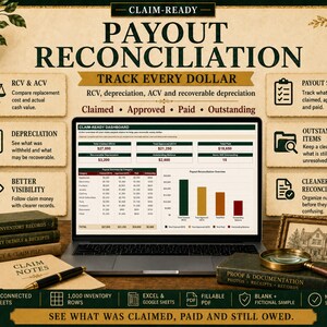 May include: A digital dashboard titled CLAIM-READY PAYOUT RECONCILIATION displayed on a laptop screen, featuring financial tables and a bar chart. The interface tracks RCV, ACV, depreciation, and payout status, with surrounding text boxes detailing claim management features.