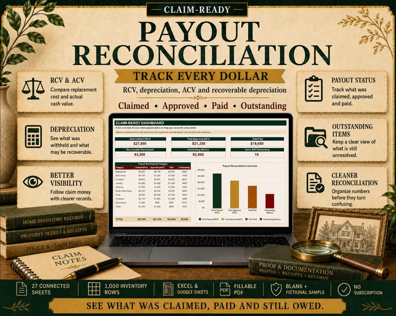 May include: A digital dashboard titled CLAIM-READY PAYOUT RECONCILIATION displayed on a laptop screen, featuring financial tables and a bar chart. The interface tracks RCV, ACV, depreciation, and payout status, with surrounding text boxes detailing claim management features.