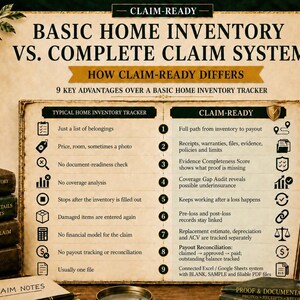 May include: A comparison chart titled CLAIM-READY BASIC HOME INVENTORY VS. COMPLETE CLAIM SYSTEM. The document lists 9 key advantages of the Claim-Ready system over a typical home inventory tracker, using icons and text to detail features.