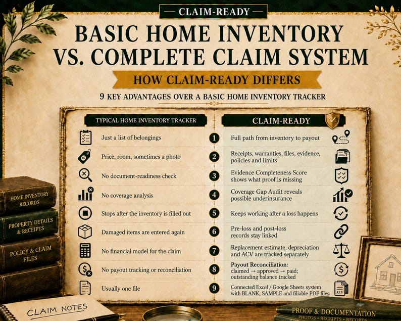 May include: A comparison chart titled CLAIM-READY BASIC HOME INVENTORY VS. COMPLETE CLAIM SYSTEM. The document lists 9 key advantages of the Claim-Ready system over a typical home inventory tracker, using icons and text to detail features.