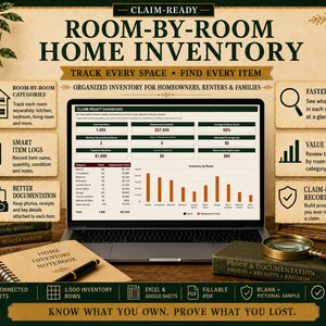 May include: A digital home inventory system displayed on a laptop screen, featuring a dashboard with data tables and bar charts. The layout includes text labels for room-by-room categories, item logs, and documentation tools, alongside a notebook and magnifying glass.
