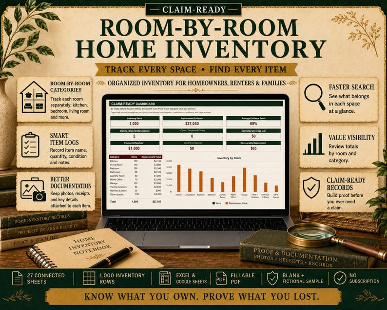 May include: A digital home inventory system displayed on a laptop screen, featuring a dashboard with data tables and bar charts. The layout includes text labels for room-by-room categories, item logs, and documentation tools, alongside a notebook and magnifying glass.