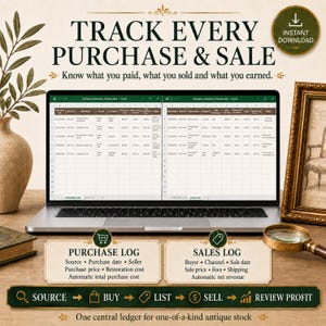 Real Microsoft Excel purchase and sales logs for recording antique sources, purchase costs, restoration costs, buyers, sales channels, fees, shipping and net revenue.