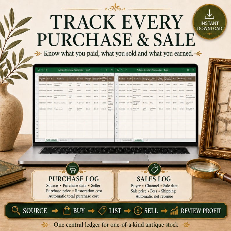 Real Microsoft Excel purchase and sales logs for recording antique sources, purchase costs, restoration costs, buyers, sales channels, fees, shipping and net revenue.