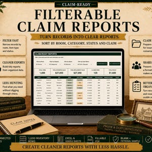 May include: A laptop screen displays a digital spreadsheet titled CLAIM-READY REPORTS with columns for room, category, item, status, claim status, date, estimated value, replacement value, and payout, surrounded by informational text and icons.