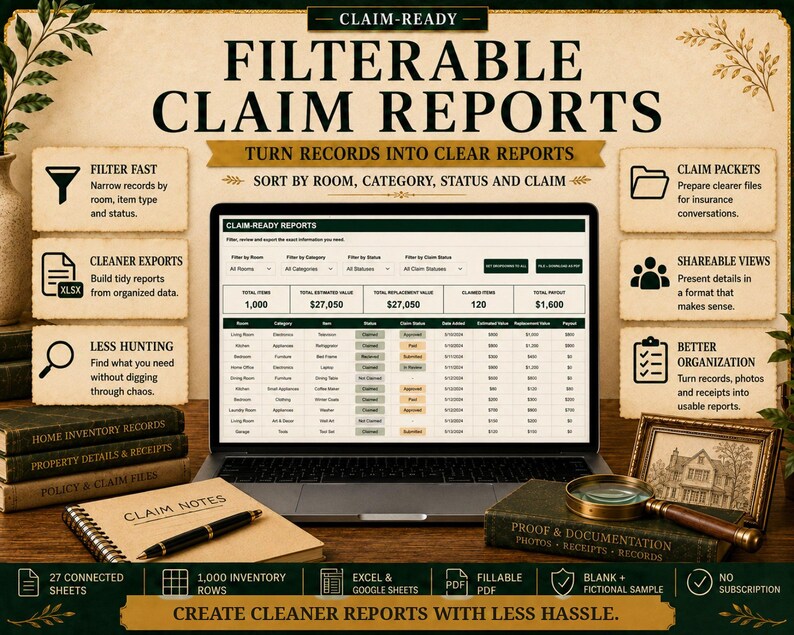 May include: A laptop screen displays a digital spreadsheet titled CLAIM-READY REPORTS with columns for room, category, item, status, claim status, date, estimated value, replacement value, and payout, surrounded by informational text and icons.