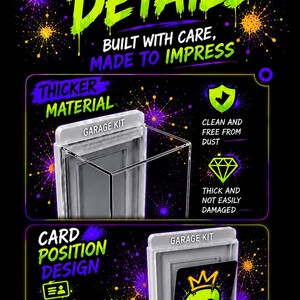 K&ouml;nnte beinhalten: Eine schwarze Infografik mit Neon-Farbspritzern und dem Text THOUGHTFUL DETAILS, BUILT WITH CARE, MADE TO IMPRESS. Sie zeigt eine transparente Acryl-Vitrine f&uuml;r Garage Kits und hebt Merkmale wie das dickere Material und das Karten-Design hervor.