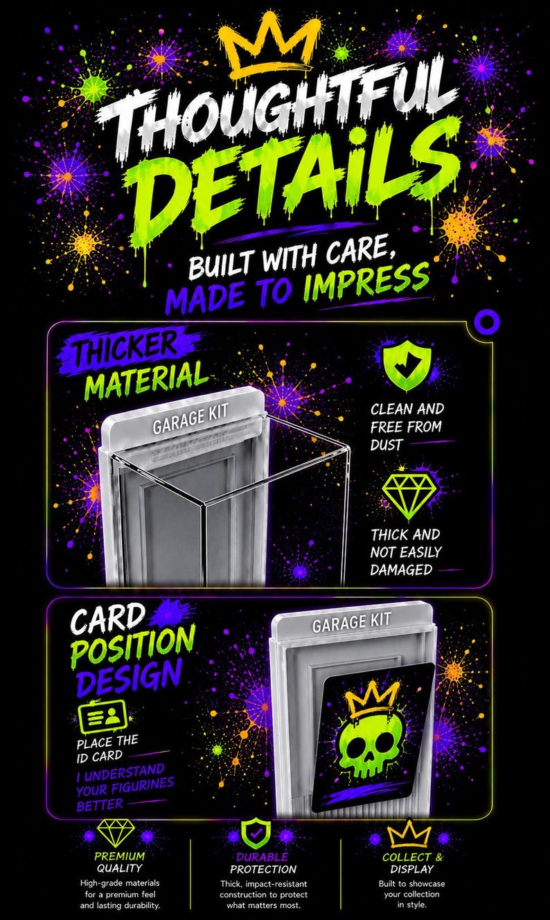 K&ouml;nnte beinhalten: Eine schwarze Infografik mit Neon-Farbspritzern und dem Text THOUGHTFUL DETAILS, BUILT WITH CARE, MADE TO IMPRESS. Sie zeigt eine transparente Acryl-Vitrine f&uuml;r Garage Kits und hebt Merkmale wie das dickere Material und das Karten-Design hervor.