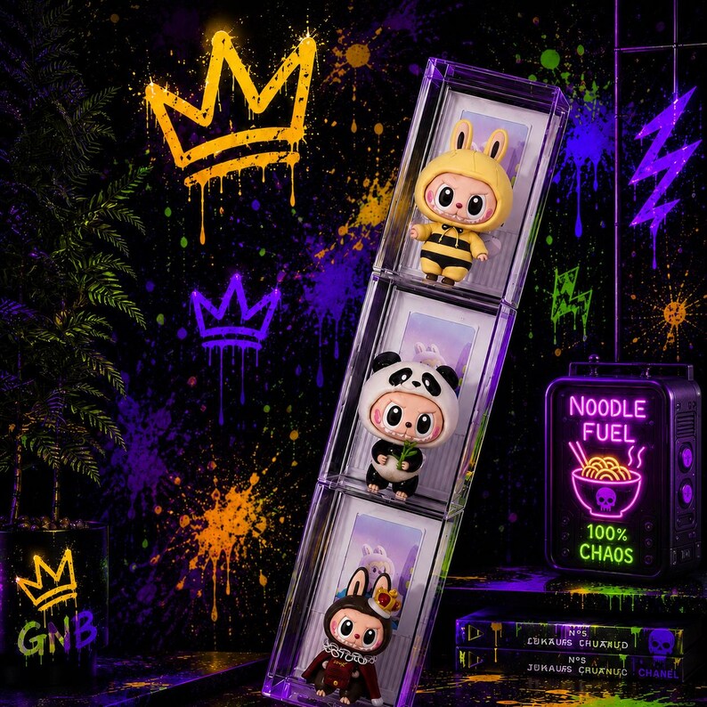 K&ouml;nnte beinhalten: Eine vertikale, durchsichtige Vitrine mit drei kleinen Figuren: eine gelbe Biene, ein schwarz-wei&szlig;er Panda und ein brauner Hase. Der Hintergrund ist mit Neon-Graffiti und einem leuchtenden Neonschild gestaltet.