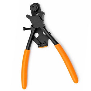 May include: A black metal strapping tensioner tool featuring two long handles with bright orange rubberized grips. The tool includes a central tensioning mechanism with a circular knob, a threaded adjustment screw, and a lever arm assembly.
