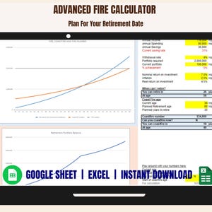 May include: A laptop screen displays a financial planning tool titled "ADVANCED FIRE CALCULATOR." The interface includes charts, data fields, and the text "GOOGLE SHEET | EXCEL | INSTANT DOWNLOAD." The screen shows financial projections for retirement.