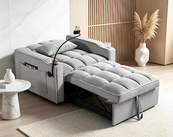 Pull Out Sleeper Chair, Velvet Convertible Futon for Small Apartment, Adjustable Recliner Couch with Cup Holder & Storage Pocket