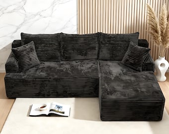 95.2" Oversized Floor Boneless L‑Shaped Corduroy Modular Sectional Sofa with Chaise, No Assembly Deep Seat Gray Striped Living Room Sofa