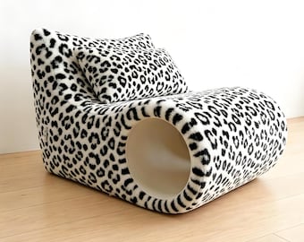Custom Black and White Leopard Faux Fur Lazy Sofa, 2-in-1 Indoor Lounge Chair with Hidden Cat Bed, Pet Friendly Home Furniture