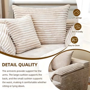 May include: Beige corduroy cushions and pillows with a ribbed texture. The image includes text that says "DETAIL QUALITY" and describes the cushions' support for the arms, back, and waist. The image also says "Soft sponge", "Skin Friendly", and "Easy to Clean".