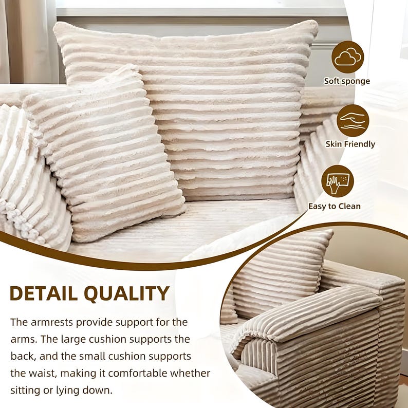 May include: Beige corduroy cushions and pillows with a ribbed texture. The image includes text that says "DETAIL QUALITY" and describes the cushions' support for the arms, back, and waist. The image also says "Soft sponge", "Skin Friendly", and "Easy to Clean".