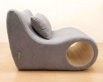 Custom Gray Teddy Fleece Human Pet 2 In 1 Daily Sofa, Integrated Curved Ergonomic Cat Cave Lounge with Cushion, Pet Friendly Home Furniture
