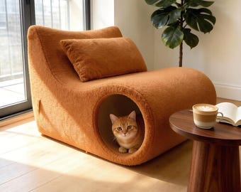 Sofá personalizado 2 en 1 sin huesos para humanos y mascotas, sillón curvo de felpa color caramelo con cama tipo cueva oculta para gatos, sofá para apartamentos apto para mascotas