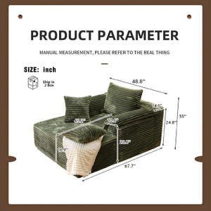 May include: Green corduroy sectional sofa with two matching throw pillows and a cream-colored blanket. The sofa measures 67.7 inches long, 48.8 inches wide, and 35 inches high. The text "PRODUCT PARAMETER" is at the top.