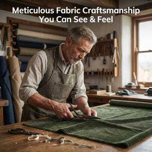 May include: A craftsman cuts green corduroy fabric with large scissors on a wooden table. The image includes the text "Meticulous Fabric Craftsmanship You Can See & Feel". The craftsman wears a brown apron and is in a workshop.