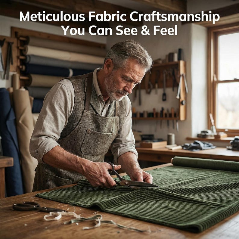 May include: A craftsman cuts green corduroy fabric with large scissors on a wooden table. The image includes the text "Meticulous Fabric Craftsmanship You Can See & Feel". The craftsman wears a brown apron and is in a workshop.