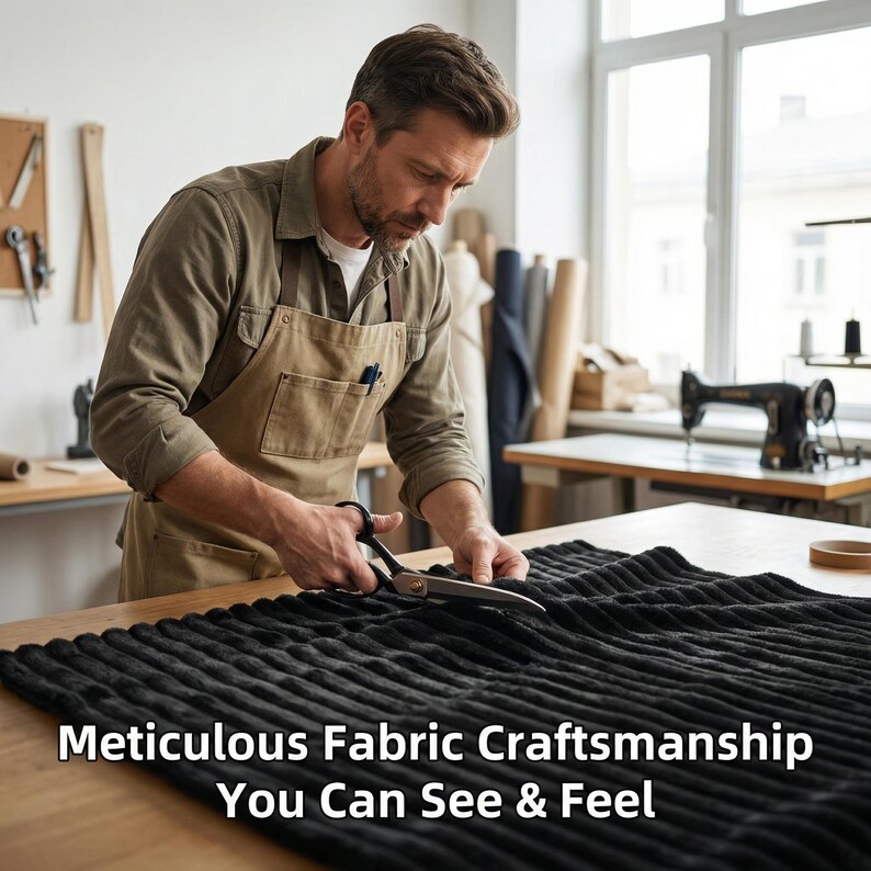 Op de afbeelding: Een persoon met een schort knipt met een schaar een stuk zwarte stof met een geribbelde textuur. De tekst "Meticulous Fabric Craftsmanship You Can See & Feel" wordt onderaan de afbeelding weergegeven.