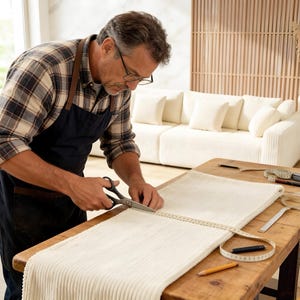 May include: A person wearing glasses and an apron uses scissors to cut a cream-colored, corduroy fabric on a wooden table. A measuring tape and other tools are nearby. A white sofa with matching pillows is in the background.