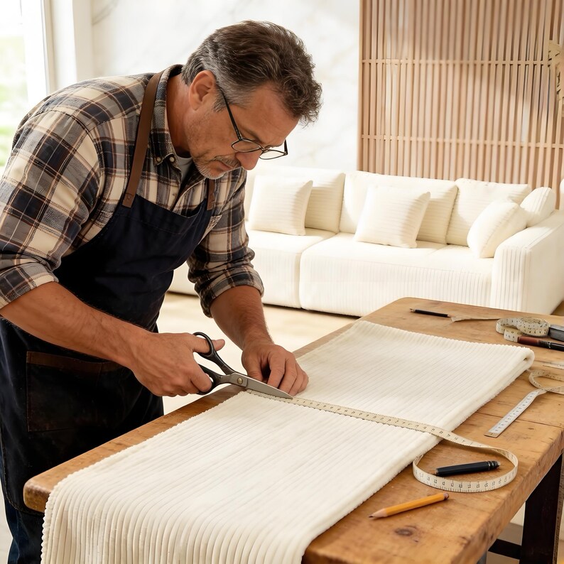 May include: A person wearing glasses and an apron uses scissors to cut a cream-colored, corduroy fabric on a wooden table. A measuring tape and other tools are nearby. A white sofa with matching pillows is in the background.