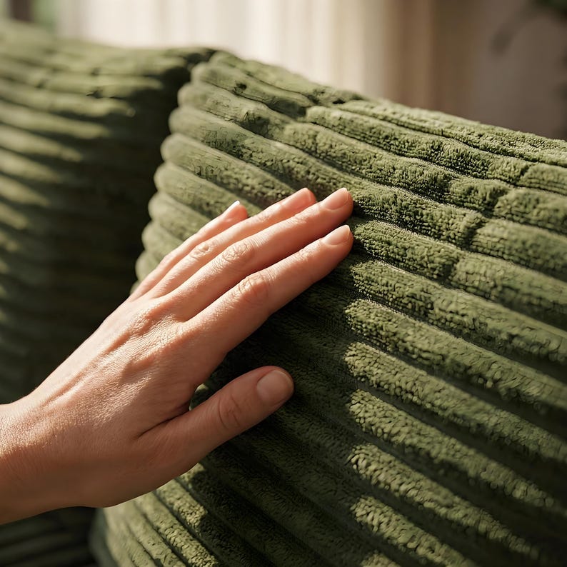 May include: Close-up of a green corduroy pillow. The pillow has a ribbed texture and is a muted olive green color. The image shows a hand resting on the pillow, highlighting the soft texture of the fabric.