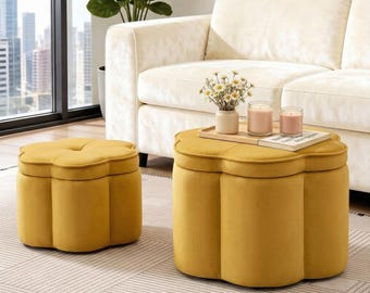 Cream Flower Shaped Velvet Storage Ottoman Set of 2 | Nursery Petal Stool | Small Space Compact Footstool for Living Room & Entryway