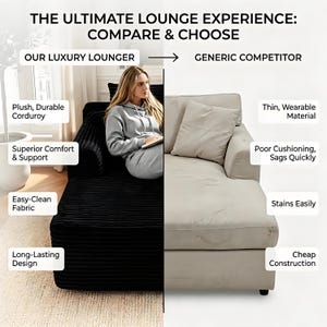 May include: A split image compares a black corduroy lounger with a beige fabric lounger. The black lounger is described as having plush, durable corduroy, superior comfort and support, easy-clean fabric, and a long-lasting design.