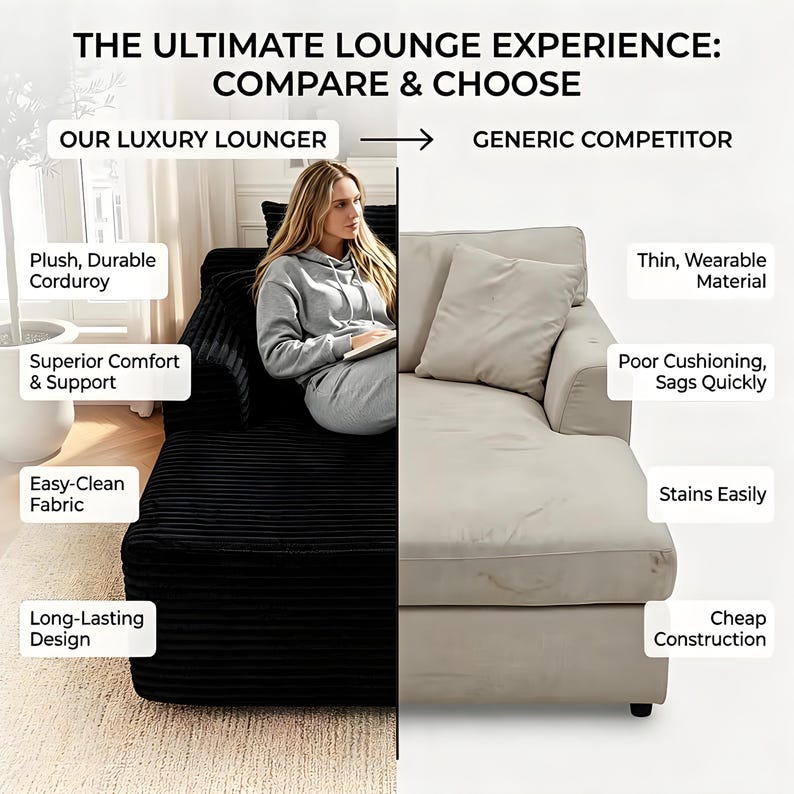 May include: A split image compares a black corduroy lounger with a beige fabric lounger. The black lounger is described as having plush, durable corduroy, superior comfort and support, easy-clean fabric, and a long-lasting design.