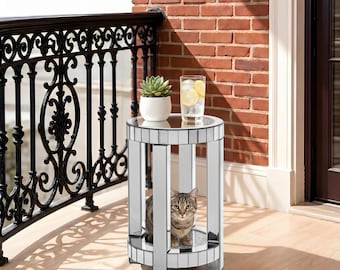 2‑in‑1 Mirrored End Table Square with Crystals Inlay, 2-Tier Modern Small Sofa Table with Cat House, Silver Accent Table for Small Spaces