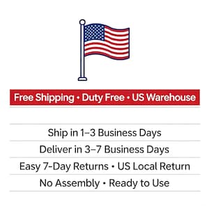 May include: An illustration of the American flag waving on a flagpole. Below the flag, a red banner reads "Free Shipping &bull; Duty Free &bull; US Warehouse." Additional text indicates shipping and return details.