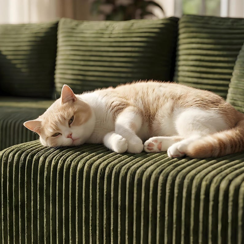 May include: A relaxed, cream and white cat resting on a green corduroy sofa. The cat is curled up, with its eyes closed, and appears to be sleeping. The sofa has a ribbed texture and is in a well-lit room.