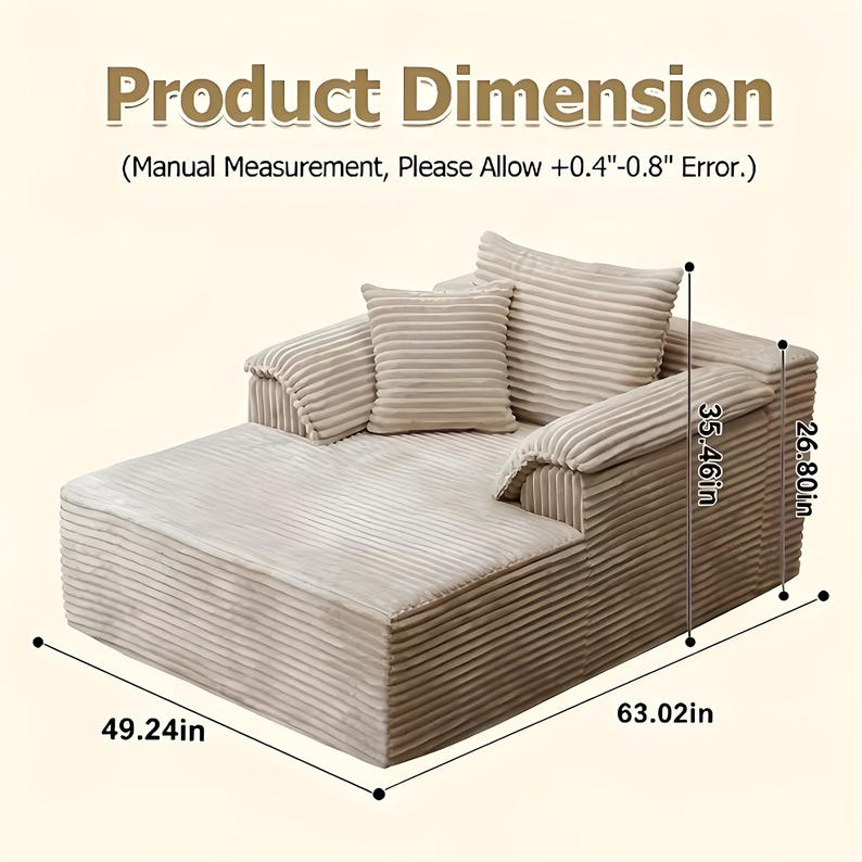 May include: Beige corduroy chaise longue with three matching pillows. Dimensions: 160.07 cm long, 125.07 cm wide, and 90.07 cm high. The side is 68.07 cm high. Product dimensions are displayed in the image.