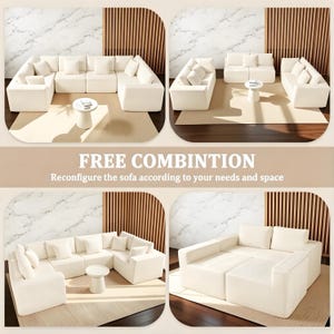 May include: Modular white sectional sofa in various configurations. The image shows the sofa arranged in a U-shape, a straight line, and an L-shape. The text reads "FREE COMBINATION" and "Reconfigure the sofa according to your needs and space."