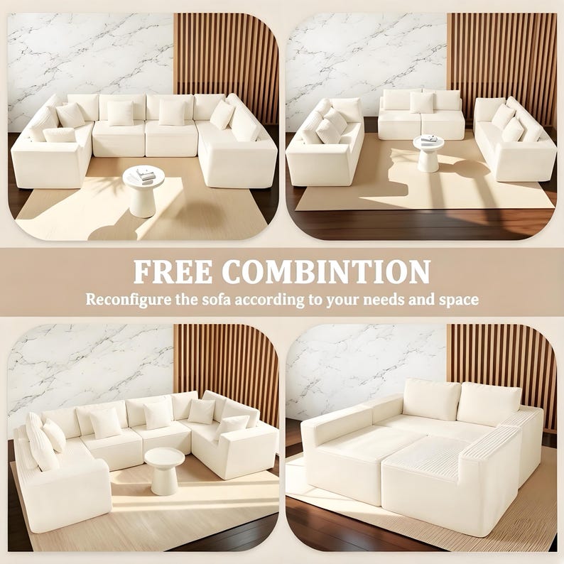 May include: Modular white sectional sofa in various configurations. The image shows the sofa arranged in a U-shape, a straight line, and an L-shape. The text reads "FREE COMBINATION" and "Reconfigure the sofa according to your needs and space."