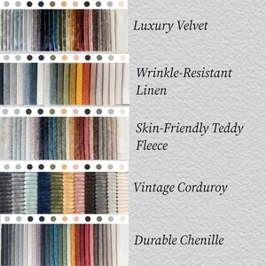May include: A display of fabric swatches in various colors and textures, including velvet, linen, teddy fleece, corduroy, and chenille. The image includes text labels for each fabric type, showcasing a range of options for upholstery or textile projects.