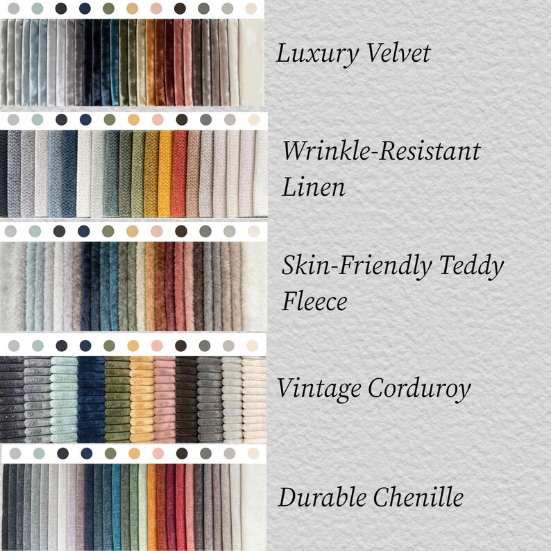 May include: A display of fabric swatches in various colors and textures, including velvet, linen, teddy fleece, corduroy, and chenille. The image includes text labels for each fabric type, showcasing a range of options for upholstery or textile projects.