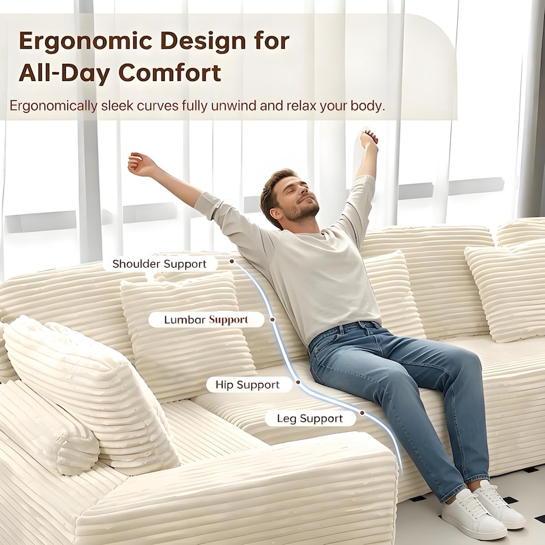 May include: A cream-colored sectional sofa with corduroy texture. The image shows a person relaxing on the sofa, with text indicating ergonomic support for the shoulder, lumbar, hip, and leg. The text reads "Ergonomic Design for All-Day Comfort."