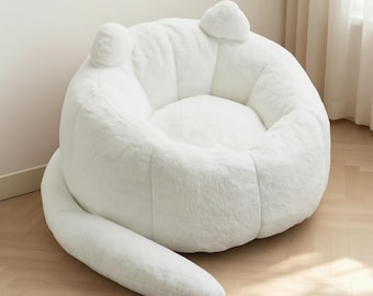 White Cat Shaped Bean Bag Sofa | Plush Pet Friendly Cozy Lounge Seat, Calming Fluffy Floor Cushion for Living Room