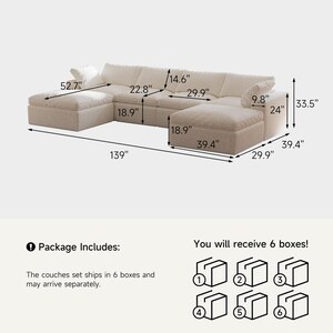 Pode incluir: Um sof&aacute; modular de cor creme com duas chaises, com uma largura total de 353,06 cm, uma altura de 85,09 cm e v&aacute;rias dimens&otilde;es de assentos e almofadas indicadas em cm. O conjunto &eacute; entregue em seis caixas separadas.
