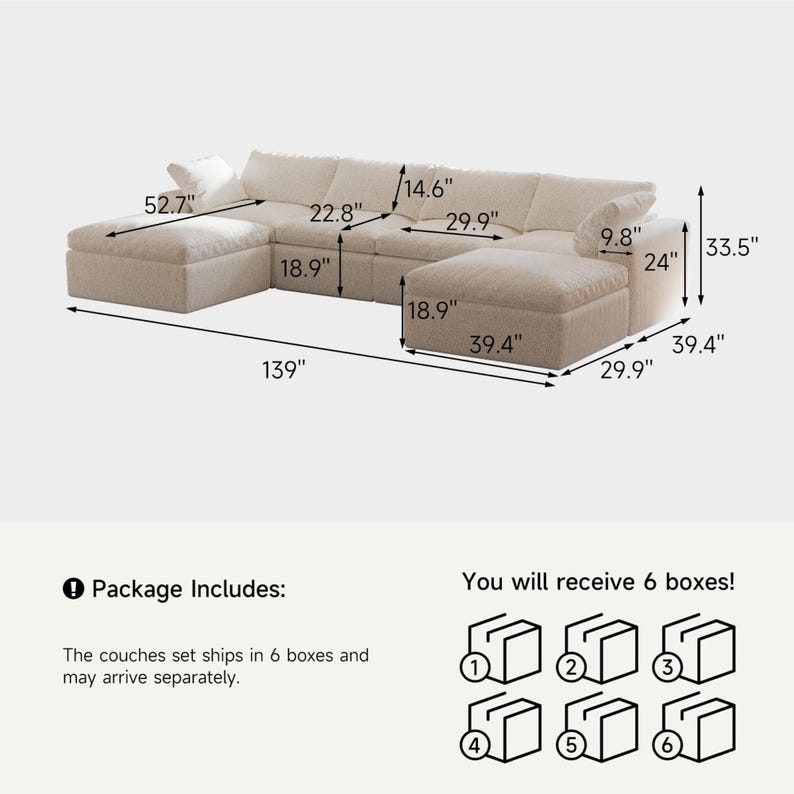 Pode incluir: Um sof&aacute; modular de cor creme com duas chaises, com uma largura total de 353,06 cm, uma altura de 85,09 cm e v&aacute;rias dimens&otilde;es de assentos e almofadas indicadas em cm. O conjunto &eacute; entregue em seis caixas separadas.