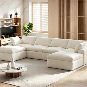 Boneless Cloud Modular Sectional Sofa, Beige Teddy Boucle Fleece U Shaped Floor Couch, Pet Friendly Deep Seat Luxury Living Room Couch 139 inch U