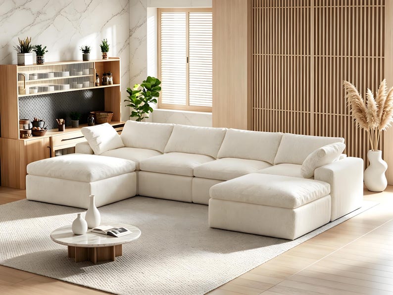 Boneless Cloud Modular Sectional Sofa, Beige Teddy Boucle Fleece U Shaped Floor Couch, Pet Friendly Deep Seat Luxury Living Room Couch 139 inch U
